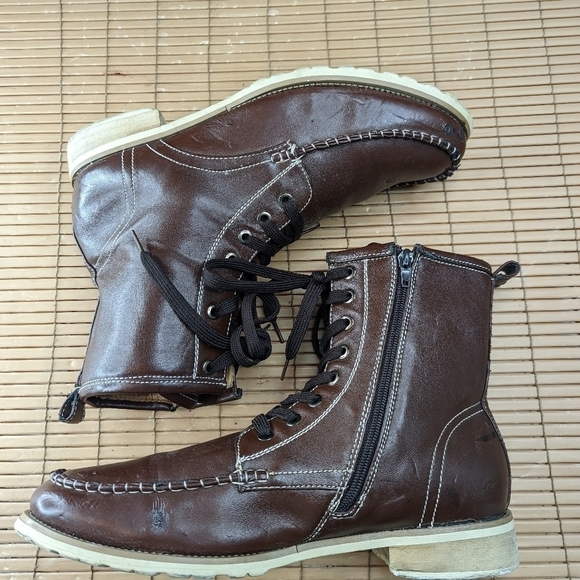 Converse men's sz 11M brown moccasin toe bold white cord stitching leather boots - Picture 4 of 10